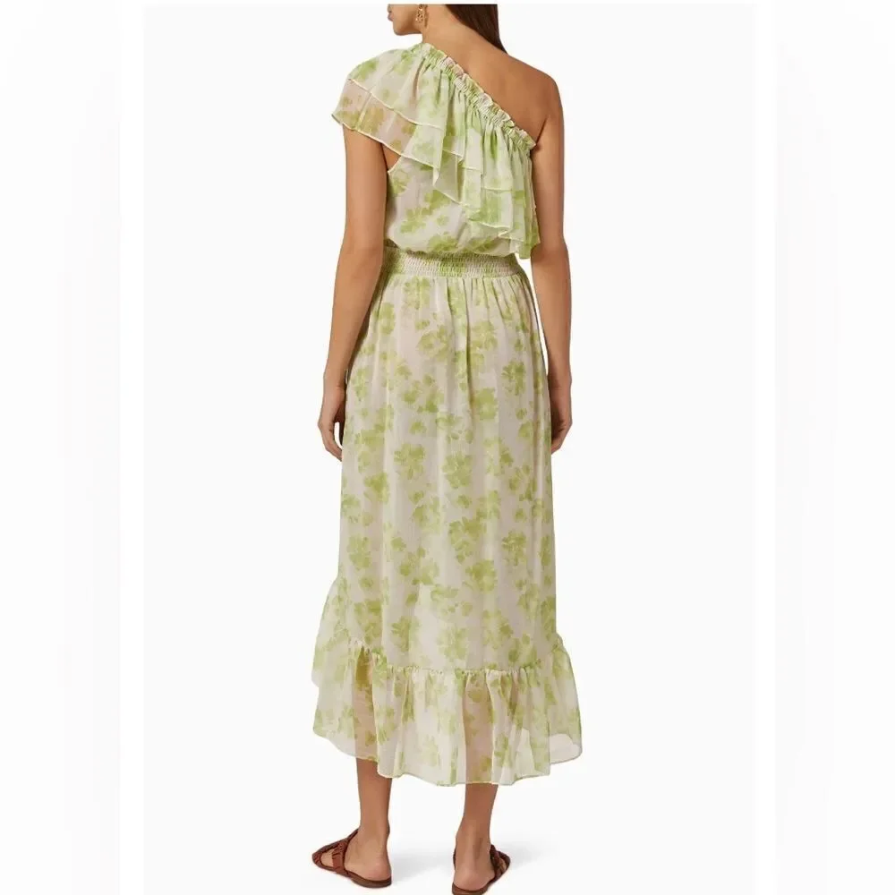 MISA Rumi MIDI Revolve Chiffon One Shoulder Dress in Honeydew Large‎ NWT